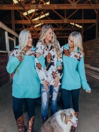 Wholesale Turquoise Cowhide/Leopard Sherpa Pullover
