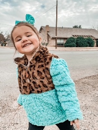 Wholesale Girl Turquoise Cowhide/Leopard Sherpa Pullover