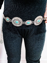 Adult's Size-Mommy and Me Solid Oval Metal Turquoise Concho Belt